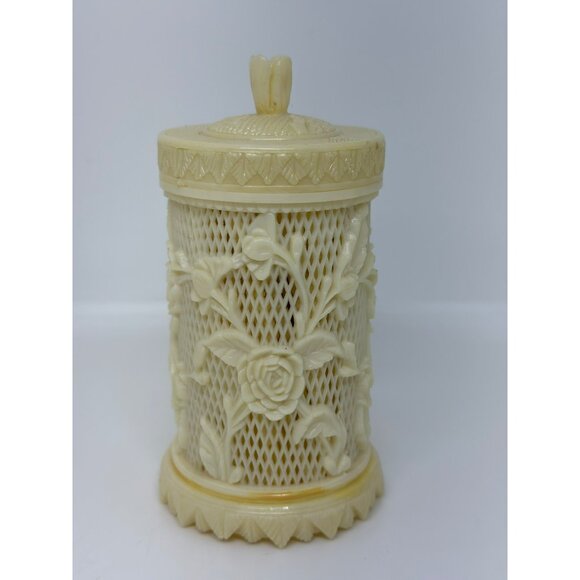 VTG 1978 AGiftCorp Round Ivory Rose Pierced Hors' d'oeuvres Box 5" Tall READ - Picture 1 of 10